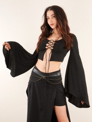 Toonzshop Elfique Flared Long Sleeve Crop Top With Front Lacing Blast Dam Svarta | ARXWH-7463