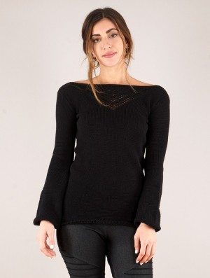 Toonzshop Endaria Open Work Boat Neck Knit Sweater Tröja Dam Svarta | CKHDG-9352