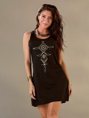 Toonzshop Luunja Printed Sleeveless Short Dress Klänning Dam Svarta Guld | WIEPU-6179