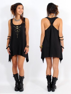 Toonzshop Skadja Printed Knotted Sleeveless Tunic Klänning Dam Svarta Guld | HJPFO-7438